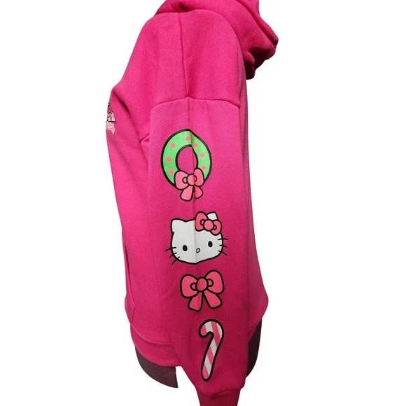 Small Hello Kitty Christmas Holiday Hoodie Womens Pink Long Sleeve Graphic Print - Picture 3 of 3